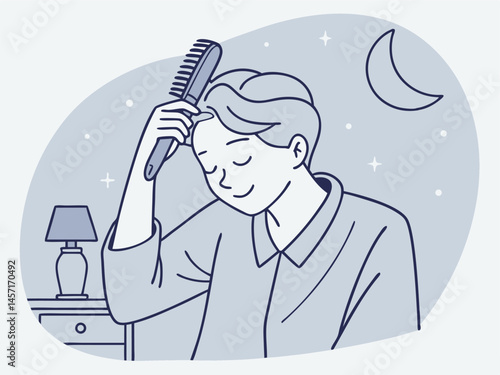 Man Brushing Hair at Night Cartoon Illustration Sleep Routine Concept