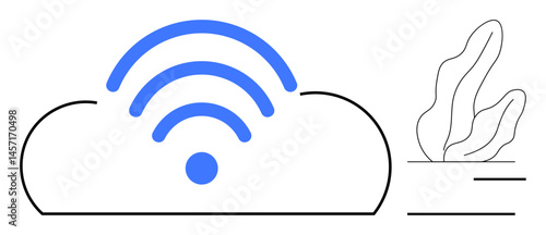 Cloud shape emits prominent wireless signals next to minimalistic plant design. Ideal for networking, cloud computing, communication, connectivity, data transfer, storage, simple landing page