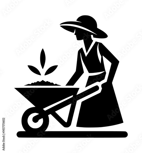 farmer silhouette with wheelbarrow black color vector icon logo