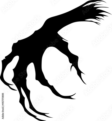 A menacing, stylized black claw reaches out, conveying a sense of horror and dread against a stark white background.