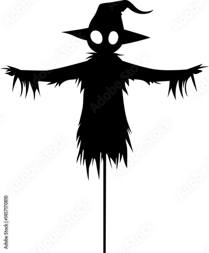 A silhouetted figure, possibly a scarecrow, with arms outstretched wearing a pointed hat, adds a spooky touch against a plain backdrop.