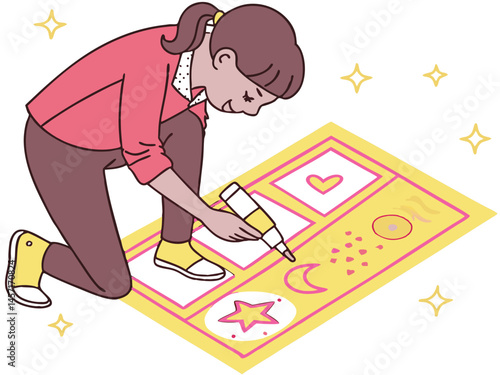 Girl Kneeling Drawing Star Heart Moon Art Project Illustration