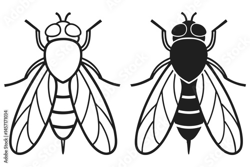One outlined and one filled black fly are displayed side by side clearly