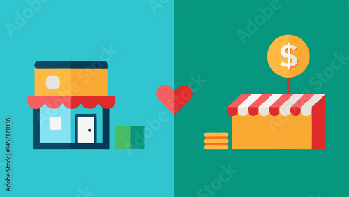 Digital Marketplace Contrast An of a bustling digital marketplace on one side filled with digital goods versus an empty outdated brickandmortar shop on the other