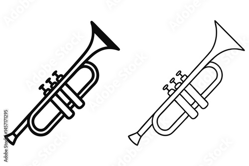 Simple trumpet outlines display musical instrument with a black and white style over a transparent background