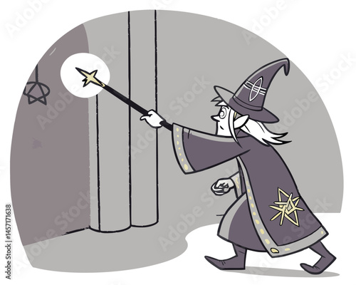 Cartoon Wizard Casting Spell with Wand, Fantasy Art Illustration