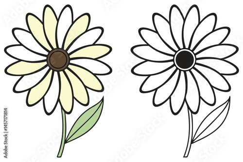 Daisy illustration with brown center and single leaf comes with black and white version
