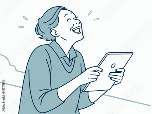 Senior Woman Laughing at Tablet Screen Line Art Illustration