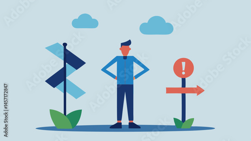 Broken Compass An activist standing confused and lost at a crossroad with multiple signs pointing in all directions with a massive corporate foot crushing one of the signs marked