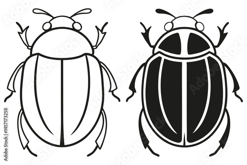 Two stylized beetle insects are seen outlined in black and white over white