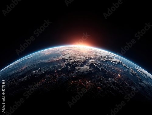 A breathtaking panoramic view of Earth at sunrise, showcasing vibrant colors and light against the vast darkness of space.