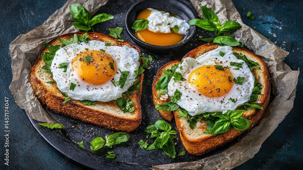 Two slices of toasted bread topped with fried eggs and basil Two slices of toasted bread topped with fried eggs and basil