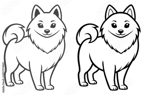 Two adorable cartoon spitz dogs stand side by side with a transparent background