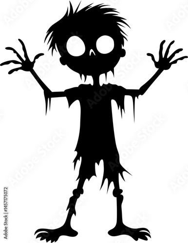 Silhouette of a spooky cartoon zombie figure with tattered clothes and bony legs, arms raised, ready to spook and thrill during Halloween.