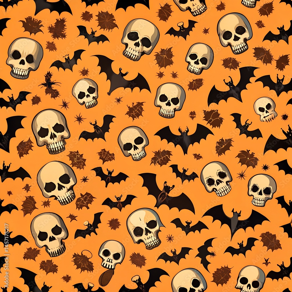 A orange background with skulls and bats are scattered A orange background with skulls and bats are scattered