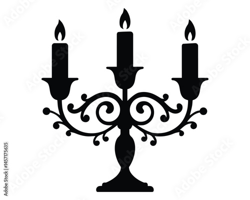 Candlestick with candles, Triple candlestick with candle, Candlestick silhouette on white background