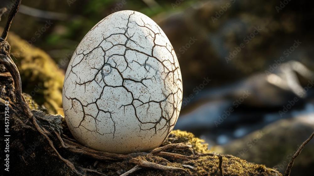 Obraz premium A large cracked egg rests on a bed of moss and branches