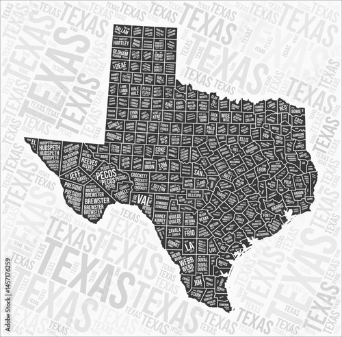 Texas counties map word cloud. Texas region names. Black and white map design. Vibrant vector illustration.