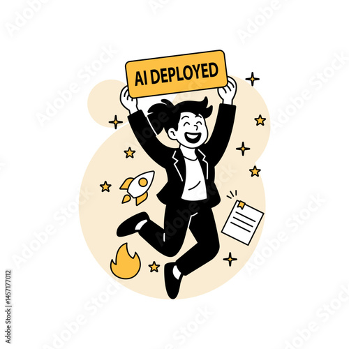 Vector illustration of a joyful woman jumping while holding an "AI Deployed" sign. Includes rocket, paper, and fire icons in a fun, flat cartoon style themed around artificial intelligence.