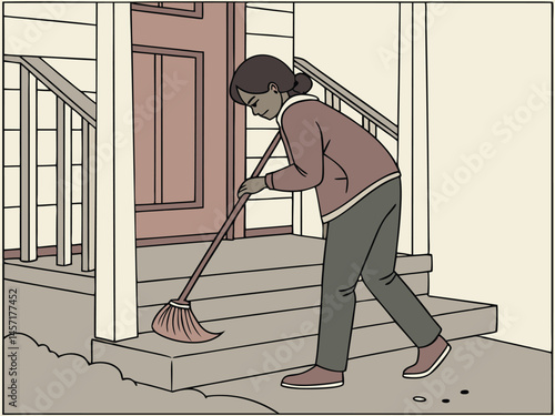 Woman Sweeping Porch Steps Cartoon Illustration Cleaning Chores