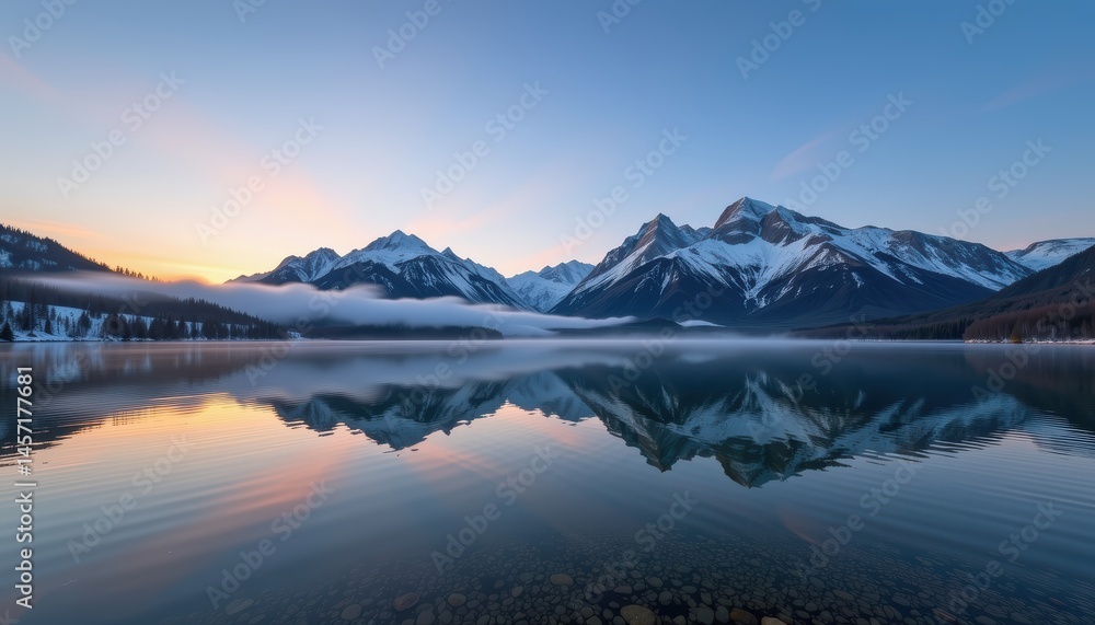 Majestic Snow-Capped Mountains Reflecting in Calm Lake at Sunrise with Soft Cloud Cover Majestic Snow-Capped Mountains Reflecting in Calm Lake at Sunrise with Soft Cloud Cover
