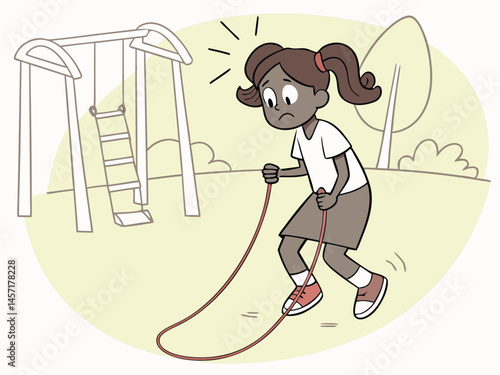 Cartoon Girl Struggles to Jump Rope at Playground, Illustration