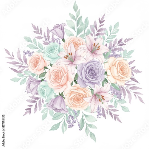 Pastel Watercolor Flower Bouquet with Roses and Lilies