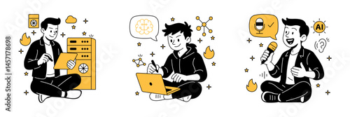managing server infrastructure, coding machine learning models, and testing voice recognition in flat cartoon style Vector illustration