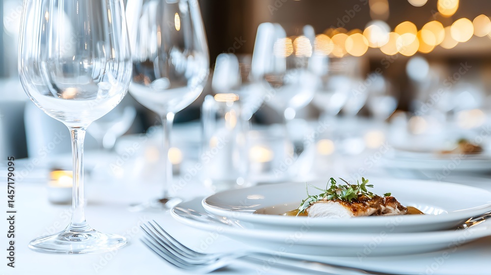 Elegant Dining Table Set with Gourmet Dish and Fine Glassware in a Sophisticated Restaurant Elegant Dining Table Set with Gourmet Dish and Fine Glassware in a Sophisticated Restaurant