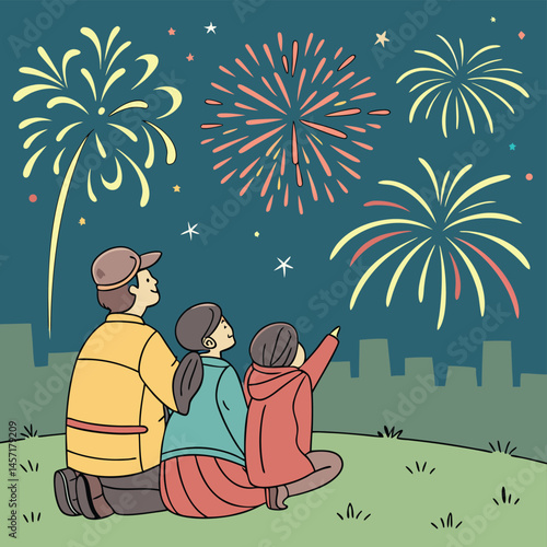 Family Watching Fireworks at Night Cartoon Illustration Celebration