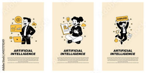 data visualization by a man, a woman brainstorming AI ideas, and another woman celebrating successful AI deployment in a flat cartoon style Vector illustration