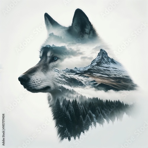 Wolf silhouette with mountains and forest landscape background  
