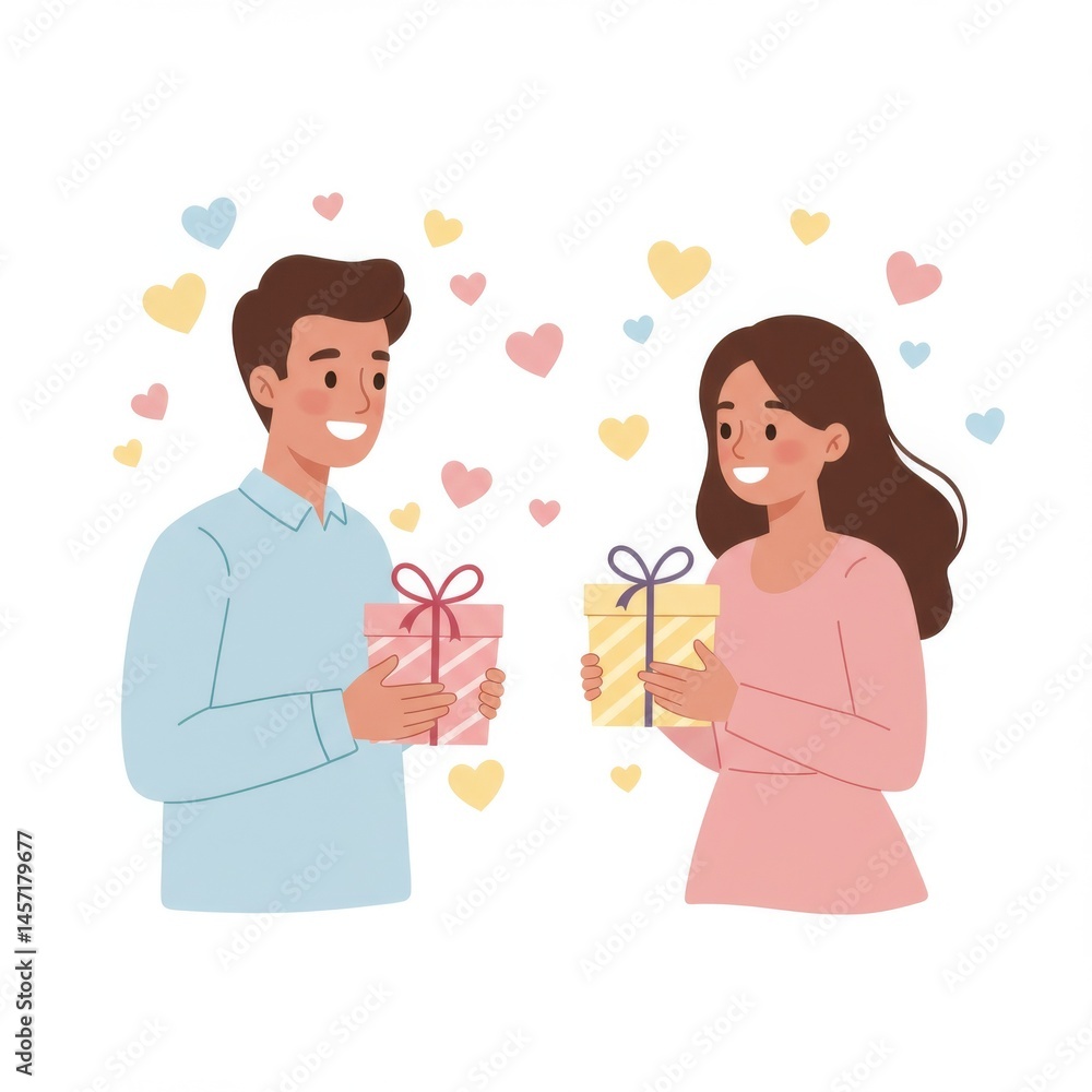 Happy Couple Exchanging Gifts With Pastel Hearts Happy Couple Exchanging Gifts With Pastel Hearts
