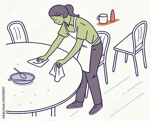 Cartoon Waitress Cleaning Table in Restaurant Illustration