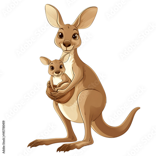 A Cartoon Kangaroo with Joey in Pouch Isolated on Transparent Background