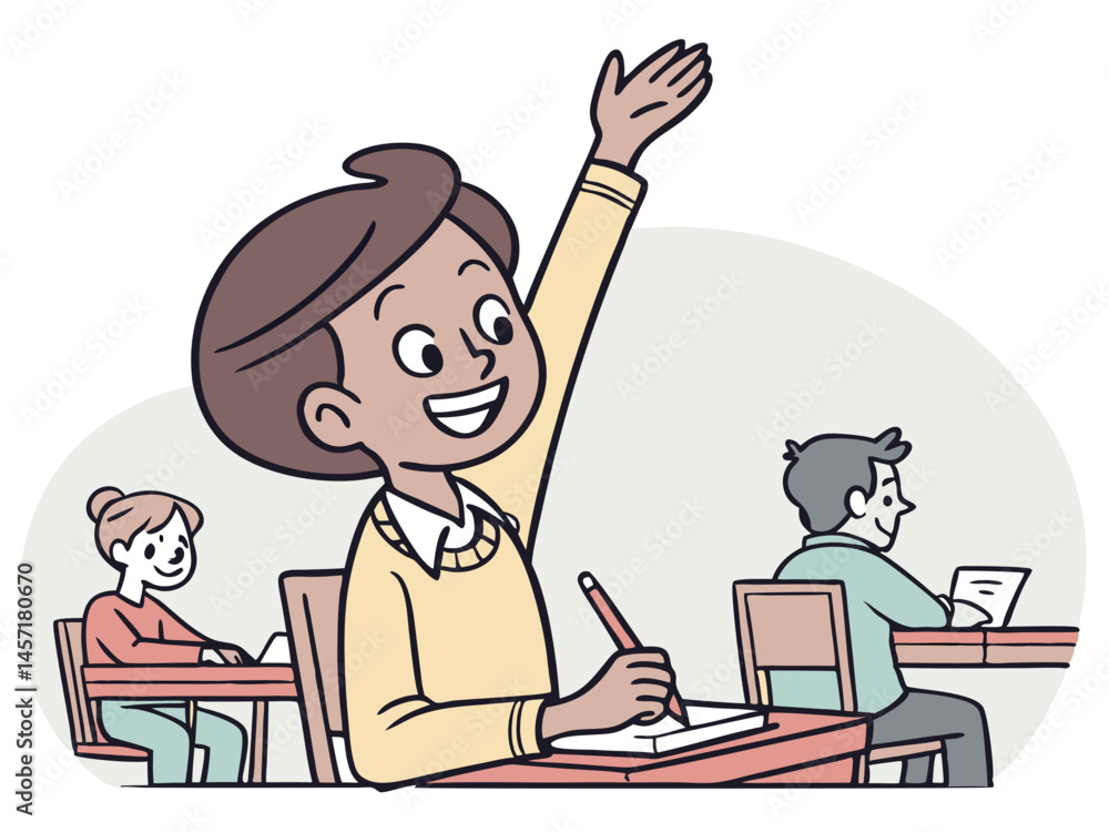 Boy Raising Hand in Class Cartoon Illustration Student Learning Boy Raising Hand in Class Cartoon Illustration Student Learning