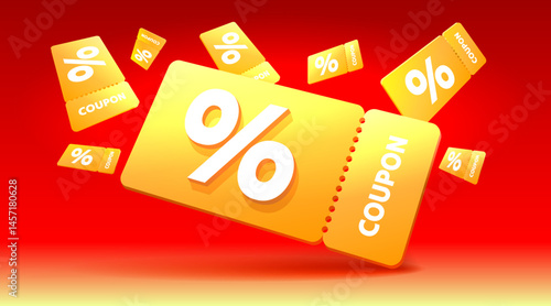 orange coupons with percentage fly away on white background. Vector illustration