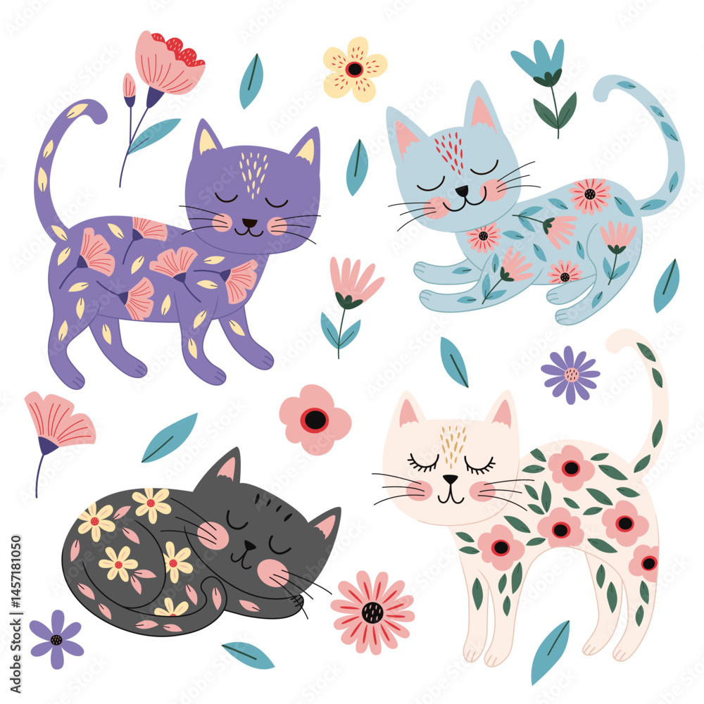 set of isolated lovely cat with flowers set of isolated lovely cat with flowers