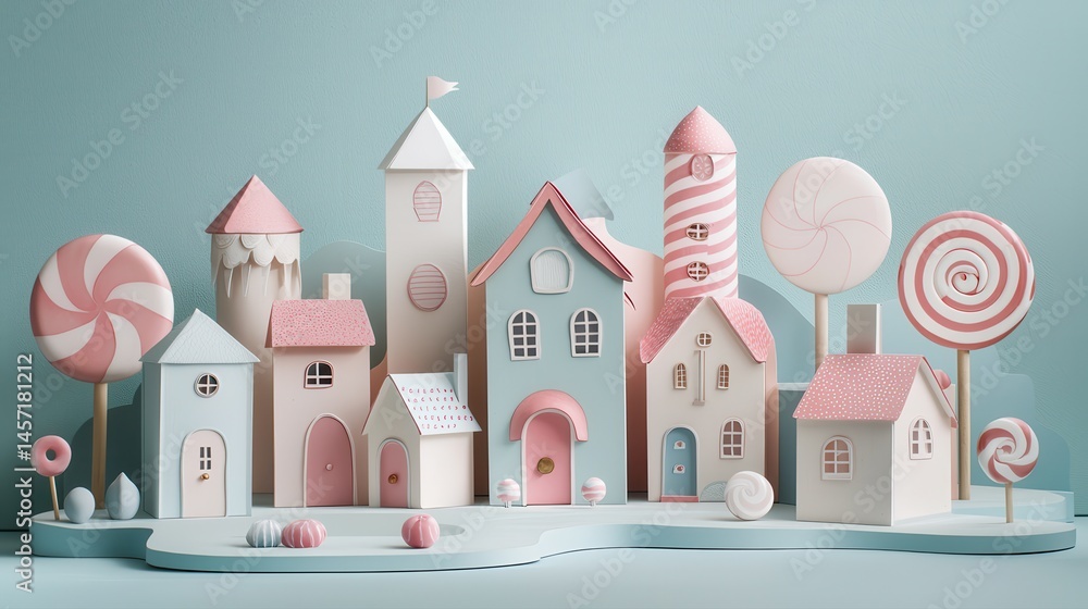 Whimsical pastel candy houses and lollipops in a dreamy landscape Whimsical pastel candy houses and lollipops in a dreamy landscape