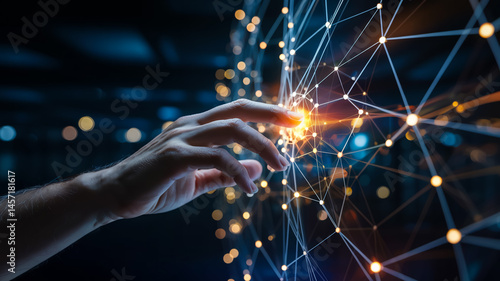 Human Hand Touching Digital Network with Glowing Connection Points