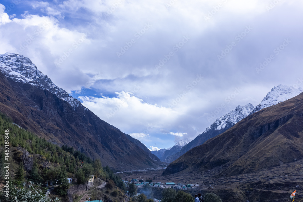 Landscape of Himalaya, Panoramic view of Himalayan mountain covered with snow. Himalaya mountain landscape in winter at Kedarnath valley. Landscape of Himalaya, Panoramic view of Himalayan mountain covered with snow. Himalaya mountain landscape in winter at Kedarnath valley.