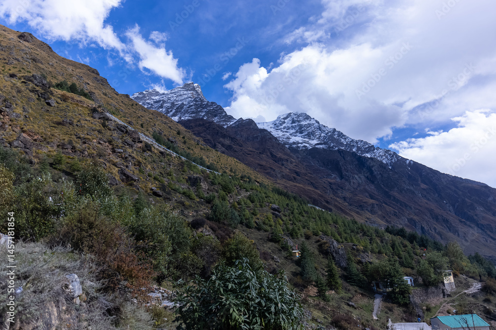 Landscape of Himalaya, Panoramic view of Himalayan mountain covered with snow. Himalaya mountain landscape in winter at Kedarnath valley. Landscape of Himalaya, Panoramic view of Himalayan mountain covered with snow. Himalaya mountain landscape in winter at Kedarnath valley.