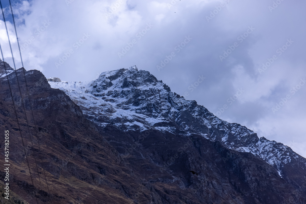 Landscape of Himalaya, Panoramic view of Himalayan mountain covered with snow. Himalaya mountain landscape in winter at Kedarnath valley. Landscape of Himalaya, Panoramic view of Himalayan mountain covered with snow. Himalaya mountain landscape in winter at Kedarnath valley.