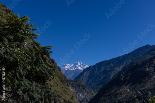 Landscape of Himalaya, Panoramic view of Himalayan mountain covered with snow. Himalaya mountain landscape in winter at Kedarnath valley.