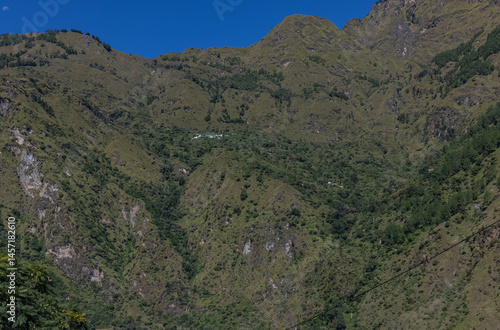 Landscape of Himalaya, Panoramic view of Himalayan mountain covered with snow. Himalaya mountain landscape in winter at Kedarnath valley.
