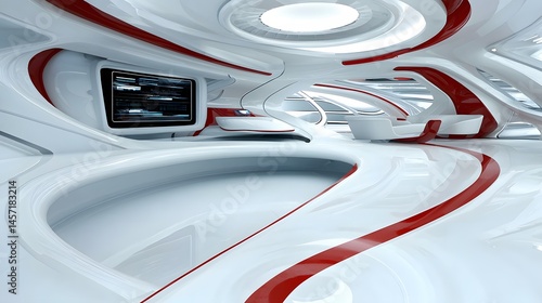 Futuristic Interior Design Featuring White Curved Surfaces and Bold Red Accents in Modern Space