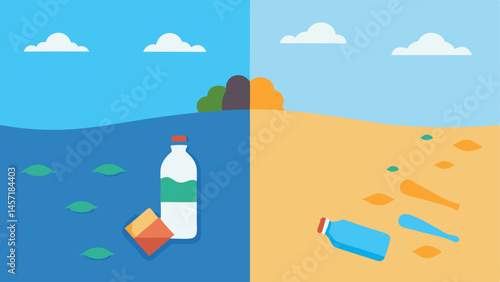 Before and After Split showing a clean beach on one side and the same beach littered with plastic waste including bottles bags and straws on the other side.