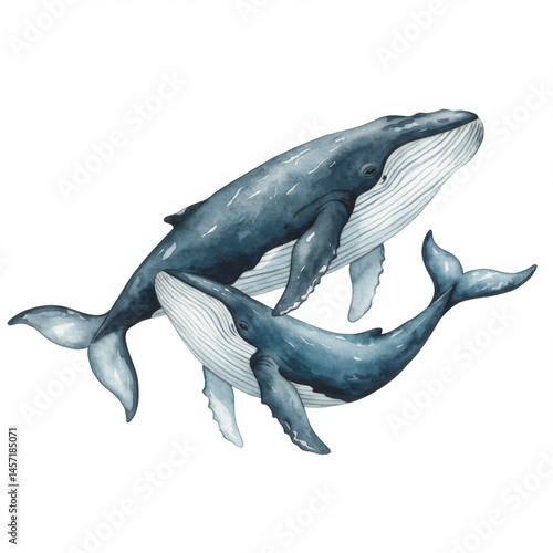 Two Watercolor Whales Swimming in the Ocean