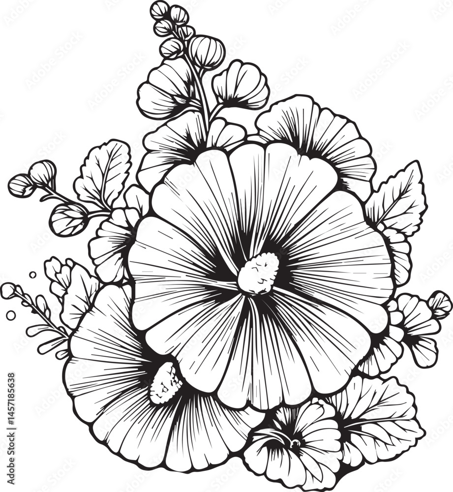 Fototapeta premium Birth flower vector illustration, beautiful Hollyhock flower wall decor, hand-drawn coloring pages Hollyhock flower drawing of artistic Hollyhock flower engraved ink art, Hollyhock flower tattoo art