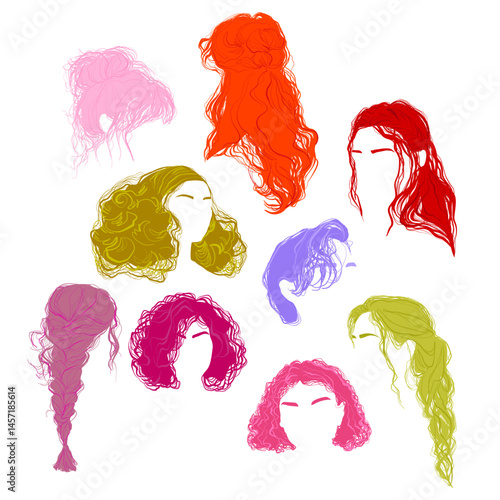 Flat Vector Set of Female Hairstyles in Color – Wavy, Curly and Braided Hair Silhouettes. Minimalist drawing. Fashion illustration of long and short  Haircuts for women with eyebrows